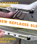 Close-up of old damaged rollers being replaced with new scroll wheels in a screen door using the Nylon Concave Screen Door Roller Replacement Set.