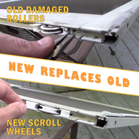 Close-up of old damaged rollers being replaced with new scroll wheels in a screen door using the Nylon Concave Screen Door Roller Replacement Set.
