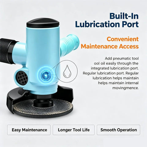 Knockout Four Inch Pneumatic Air Angle Grinder Featuring Non Slip Rubber Auxiliary Handle For Badass Heavy Duty Metalworking Cutting Grinding And Fast Polish Jobs with built-in lubrication port.
