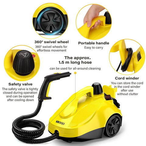 Top Shelf Multi Purpose Steam Cleaner That Crushes Stubborn Tile Grout with 360° swivel wheels and portable handle.