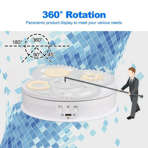 Smart Motorized Rotating Display Stand Electric Turntable 360 Degree Spin Platform on a textured background showing rotation angles.