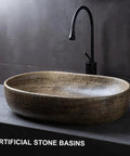 Oval Ceramic Vessel Sink for Bathroom, Retro Modern Above Counter Vanity Sink for Home or Hotel, Stylish Wash Bowl (Multi-colored-Small) on dark countertop.