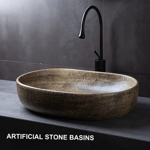 Oval Ceramic Vessel Sink for Bathroom, Retro Modern Above Counter Vanity Sink for Home or Hotel, Stylish Wash Bowl (Multi-colored-Small) on dark countertop.