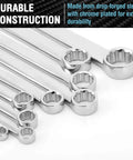 Ultra Long Ratcheting Wrench Set With Double Box Ends Metric 9 Piece Premium Beefy Chrome Vanadium Steel Heat Treated For Maximum Strength And Durability Built For Quick Tightening And Loosening Of Bolts In Tight Spots, chrome-plated