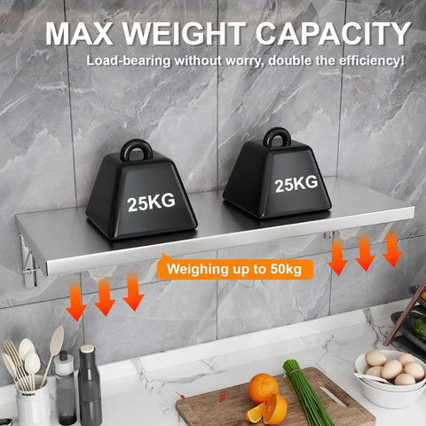 Foldable Stainless Steel Wall Mount Storage Shelf And Fold Down Table For Kitchen Bathroom Balcony with 50kg weight capacity demo