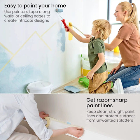 Parent and child using Six Roll Masking Tape Pack 0.75 Inch By 60 Yards Multi Surface Paper Tape for painting, clean lines, no residue.