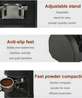 Professional Electric Espresso Tamper Machine With Heavy Duty Stainless Steel Coffee Press showing adjustable stand and anti-slip feet.