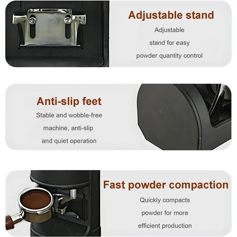 Professional Electric Espresso Tamper Machine With Heavy Duty Stainless Steel Coffee Press showing adjustable stand and anti-slip feet.