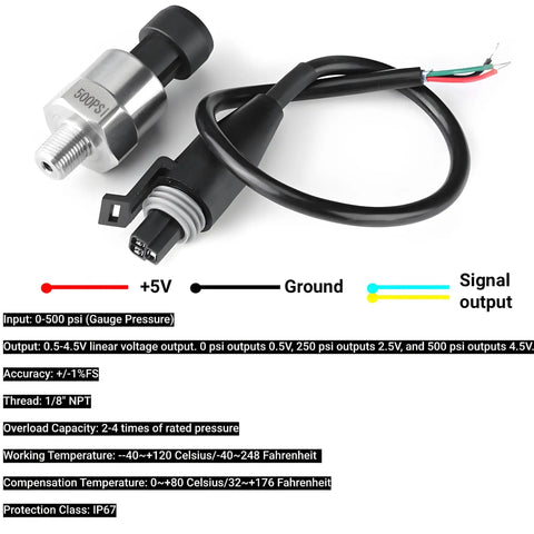 500 PSI Stainless Steel Pressure Transducer With One Eighth NPT Thread 0.5 To 4.5 Volt Output For Fuel Oil Air Water IP67 Rating Stainless Steel Pressure Sender With Cable