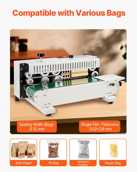 FR-900 Continuous Band Sealer on table, sealing width 6-12mm, compatible with kraft, PE, aluminum foil, and plastic bags.