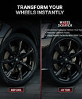Before and after using DIY Pro-Grade Wheel Rim Touch Up Paint Kit - Matte And Gloss Black Pens for curb rash on car wheels.