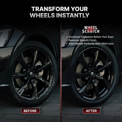 Before and after using DIY Pro-Grade Wheel Rim Touch Up Paint Kit - Matte And Gloss Black Pens for curb rash on car wheels.