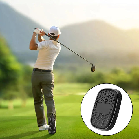 Golfer swinging on course with inset of Golf Rangefinder Holder With Magnetic Mounts, durable secure mount on golf carts.