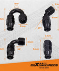 8AN 20 Foot Braided Fuel Line Kit With One Half Inch PTFE Hose And Steel AN8 Fittings For E85 Fuel And Pro Street Builds Transmission Cooler Lines Turbo Coolant And Oil Feed Includes Ten AN8 Fittings showing various fitting angles and measurements