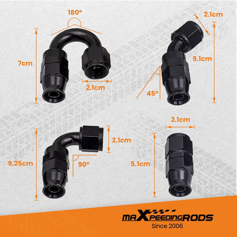 8AN 20 Foot Braided Fuel Line Kit With One Half Inch PTFE Hose And Steel AN8 Fittings For E85 Fuel And Pro Street Builds Transmission Cooler Lines Turbo Coolant And Oil Feed Includes Ten AN8 Fittings showing various fitting angles and measurements