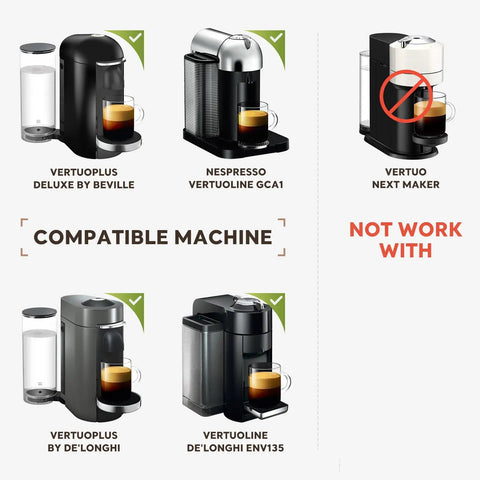 Diagram showing compatible and incompatible Nespresso machines for Reusable Coffee Pod For Nespresso VertuoLine Machines Compatible With ENV135 ENV150 Plus And GCA1 80ml 2.7oz Double Espresso Capsule Kit With Scoop Brush 5 Silicone Rings Eco Friendly