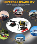 Electric Oil Change Pump 12V 100W Kit With Portable Case displayed with vehicles for universal usability