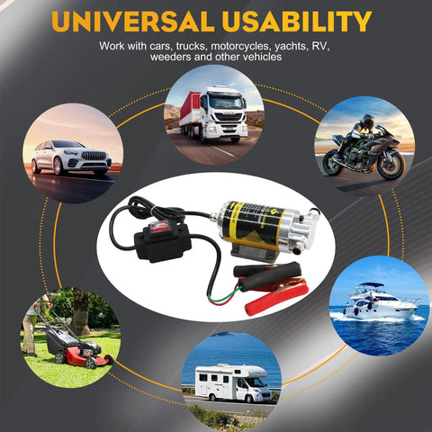 Electric Oil Change Pump 12V 100W Kit With Portable Case displayed with vehicles for universal usability