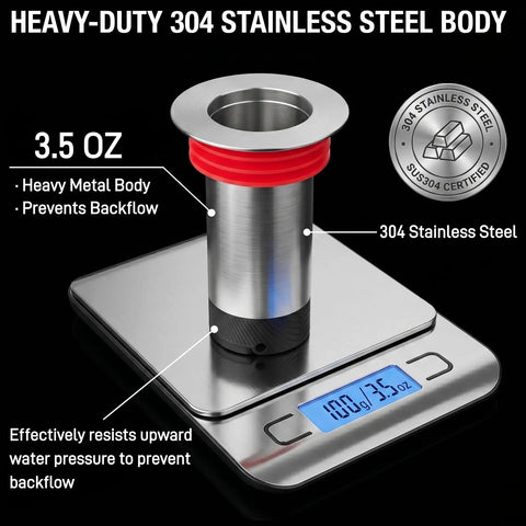 Heavy Duty 2 Inch Shower Floor Drain Stopper With Magnetic Backflow Preventer And Flexible Silicone Seals To Kick Those Funky Sewer Smells To The Curb And Keep Your Basement Floor Dry on a scale showing 3.5 oz.