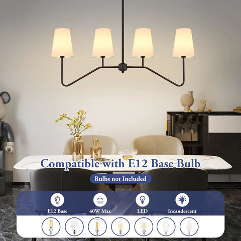 Linear Pendant Chandelier For Kitchen Island With Four Lights, Sleek Black Metal Fixture Over Table, Modern Dining Room Lighting, 4 Light Chandeliers With White Fabric Shades, Bulb Not Included