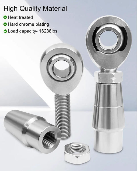 Heavy Duty One Half Inch Heim Joint Rod End Kit With Tube Adapters And Jam Nut For One Inch Tubing Heat Treated And Hard Chrome Plated Twenty TPI High Load Capacity Up To 16238 Lbs Ready To Install, 1/2 in