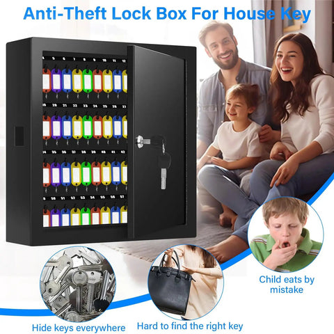 100 Key Lock Box With Anti Theft Safe Cabinet Beefy Steel Build Key Tags Wall Mount for home use, open view with keys