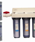 Whole House 3-Stage Water Filtration System With Three Quarter Inch Port, Dual Valves, And Extra One Year Filter Supply shown