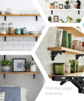 Super Sturdy Matte Black Folding Shelf Brackets To Clear Your Clutter Fast These Compact Fold Down Wall Mount Supports Rock In Tight Spots Perfect For Garages Shops Or Kitchens Zero Sweat Two Pack on wooden shelving with kitchen items.