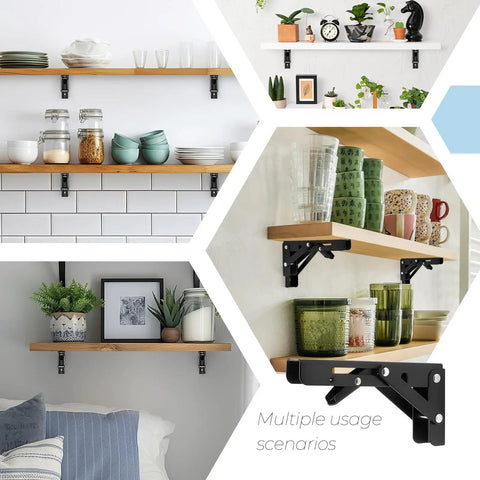 Super Sturdy Matte Black Folding Shelf Brackets To Clear Your Clutter Fast These Compact Fold Down Wall Mount Supports Rock In Tight Spots Perfect For Garages Shops Or Kitchens Zero Sweat Two Pack on wooden shelving with kitchen items.