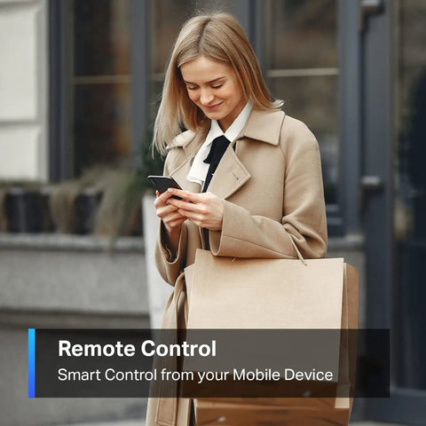 Woman using smartphone outdoors, showcasing remote control feature of HomeKit Smart Plug Mini, 15A/1800W, Quick Setup, Works With Siri, Alexa And Google Home, UL Certified, 2.4G Wi-Fi, Compact Design, White, 2-Pack, No-Fuss Convenience For Lamps And Electronics.