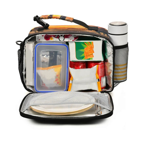North American Desert Cowboy Insulated Lunch Bag open with food inside, BPA free nylon, 11x4.33x9.05 inch, for school camping and work.