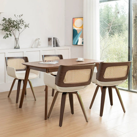Set Of 2 Swivel Dining Chairs With Curved Arms, Ergonomic Cane Back, Bentwood Frame in modern dining setting, Walnut Beige