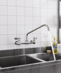 CENOSA Wall Mount Faucet 8" Center, Commercial Sink Faucet with 14" Spout installed over a stainless steel sink.