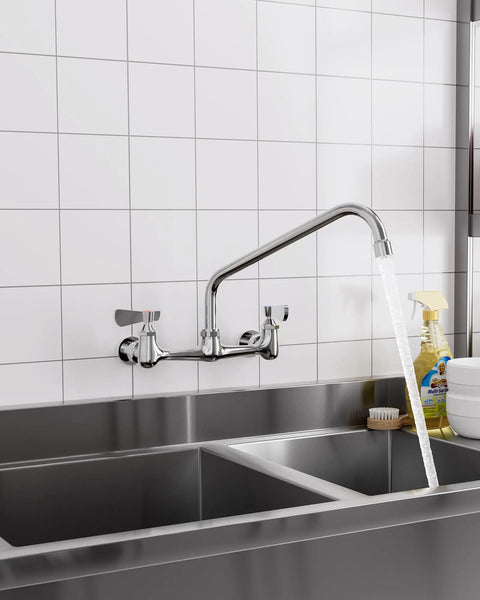 CENOSA Wall Mount Faucet 8" Center, Commercial Sink Faucet with 14" Spout installed over a stainless steel sink.