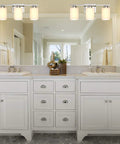 Over Mirror Bath Vanity Light Three Light Fixture With E26 Sconces In Brushed Nickel Finish And White Frosted Glass Shade Modern Wall Mount Bathroom Lighting Bulbs Not Included Easy Install over a double sink bathroom.