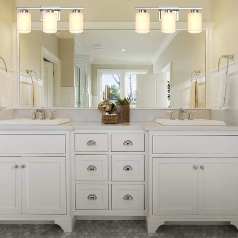 Over Mirror Bath Vanity Light Three Light Fixture With E26 Sconces In Brushed Nickel Finish And White Frosted Glass Shade Modern Wall Mount Bathroom Lighting Bulbs Not Included Easy Install over a double sink bathroom.