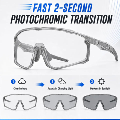 Ultra light photochromic polarized safety glasses featuring rapid lens tinting and UV protection for outdoor activities.