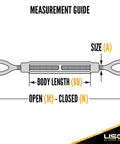 Rugged Job Site Workhorse Heavy Duty 1/2 By 9 Inch Eye To Eye Turnbuckle 500 Pack 2200 Lbs Working Load Limit measurement guide diagram.