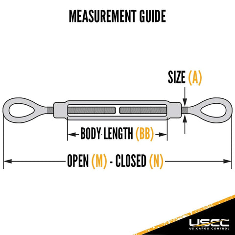 Rugged Job Site Workhorse Heavy Duty 1/2 By 9 Inch Eye To Eye Turnbuckle 500 Pack 2200 Lbs Working Load Limit measurement guide diagram.