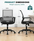 Ergonomic Gaming Chair With Lumbar Support And Armrests For Home Office And Gaming All Day Comfort Breathable Mesh Back Comfy Cushioned Seat Swivel Rolling Desk Chair For Long Hours Of Computer Work Grey, showing dimensions from front and side, weight capacity 250 lbs.