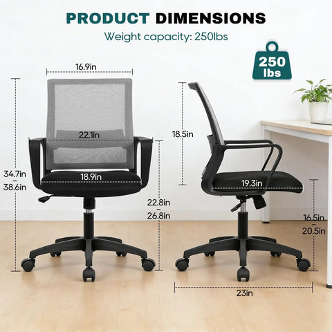 Ergonomic Gaming Chair With Lumbar Support And Armrests For Home Office And Gaming All Day Comfort Breathable Mesh Back Comfy Cushioned Seat Swivel Rolling Desk Chair For Long Hours Of Computer Work Grey, showing dimensions from front and side, weight capacity 250 lbs.