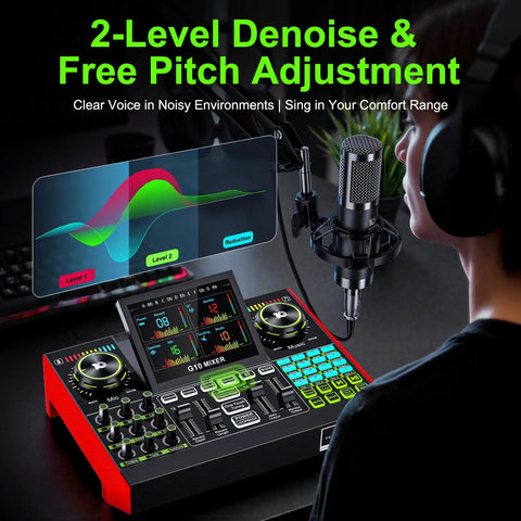 Person using G10 Podcast Equipment Bundle With Three Point Five Millimeter Condenser Microphone For PC And Phone, Live Streaming, Gaming.