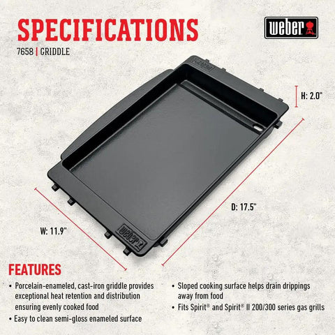 Porcelain Enamel Cast Iron Grill Griddle with dimensions for Spirit gas grills, showcasing even heat retention and nonstick surface.