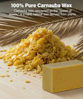 Straight Up Pure Carnauba Wax Bar For Wood Finishing, 100% natural, yellow wax bar and wax flakes on wooden surface.