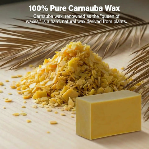Straight Up Pure Carnauba Wax Bar For Wood Finishing, 100% natural, yellow wax bar and wax flakes on wooden surface.