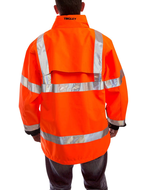 Back view of High Visibility Hooded Jacket With Attached Hood For Day And Night Safety Pro Grade ANSI ISEA 107 Fluorescent Orange