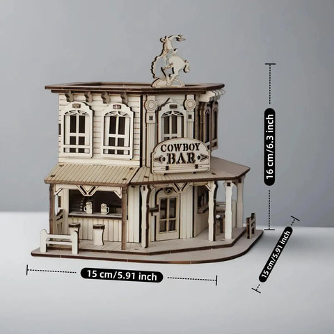 Wild West 3D Wooden Puzzle Kit For Adults And Teens, Miniature Cowboy Saloon Building Set, Desktop Architecture Model, Hands-On Wood Craft Project, Creative Gift For Woodworking Hobbyists And Collectors, 15 cm wide