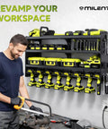 Six Shelf Heavy Duty Power Tool Organizer Wall Mount With Drill Holder Slots Side Screwdriver Racks And Hook Bar For Garage And Workshop Storage And Quick Tool Access installed on wall with tools organized.