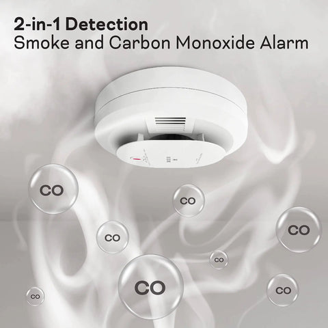 2 In 1 Smoke And Carbon Monoxide Alarm With Voice Alerts Battery Powered Home Safety Detector LED Indicator Lights Low Battery Warning Simple To Install Fire Or CO Detection For Your Living Space mounted on ceiling with CO detection visuals