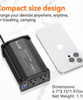 300W Car Power Inverter Switches 12V Dc To 110V Ac With Dual Outlets And Quick Charge Ports next to a smartphone, compact design.